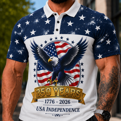 250 Years USA Independence Eagle Polo Shirt | 1776-2026 Patriotic Stars | Design Back