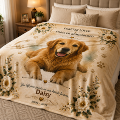 Personalized dog memorial photo blanket displayed on a neatly made bed
