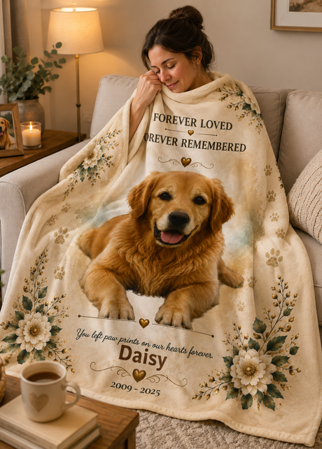 Woman holding a personalized pet memorial blanket with a golden retriever photo and name