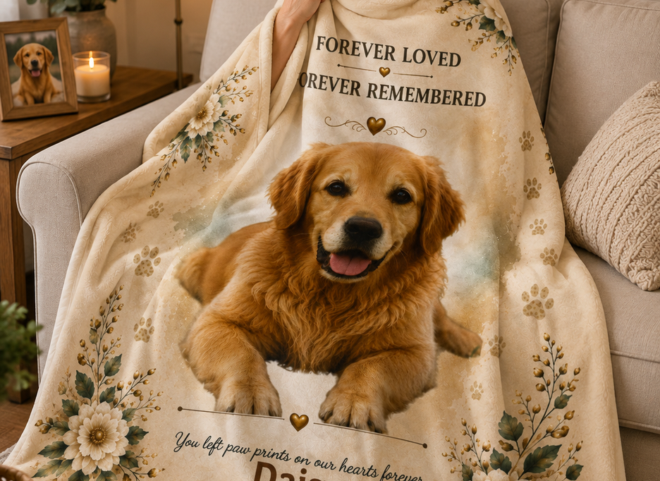 Woman holding a personalized pet memorial blanket with a golden retriever photo and name