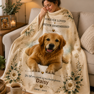 Woman holding a personalized pet memorial blanket with a golden retriever photo and name