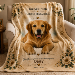 Forever Loved personalized pet memorial blanket with dog photo, name and remembrance dates