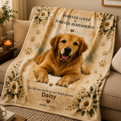 Custom pet memorial blanket with dog portrait, floral design, name and memorial dates