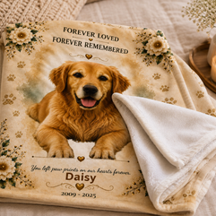 Personalized dog remembrance blanket displayed in a warm living room