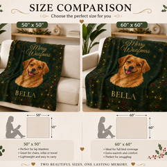 A size comparison chart for a personalized Christmas dog blanket, showing two versions: a smaller 50