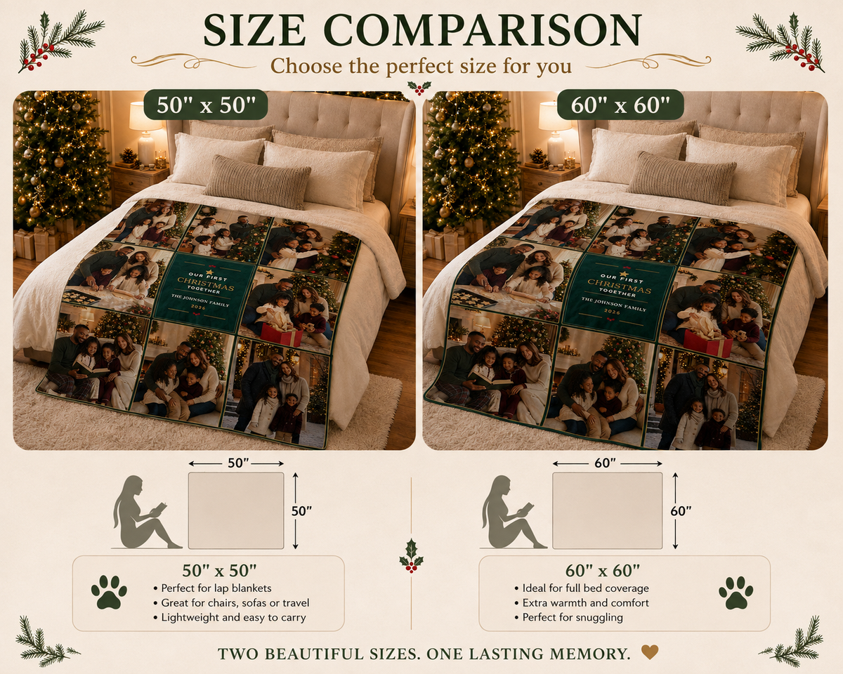 A size comparison chart for a custom photo blanket, showing two bed setups side by side labeled 50