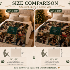 A size comparison chart for a custom photo blanket, showing two bed setups side by side labeled 50