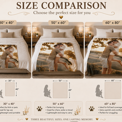 A size comparison chart for a pet memorial bedding set, showing three bed size options: 30