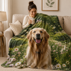 A golden retriever dog image on a personalized blanket printed with a green meadow and white flowers, pulled over a woman relaxing on a beige sofa holding a mug in a cozy living room.