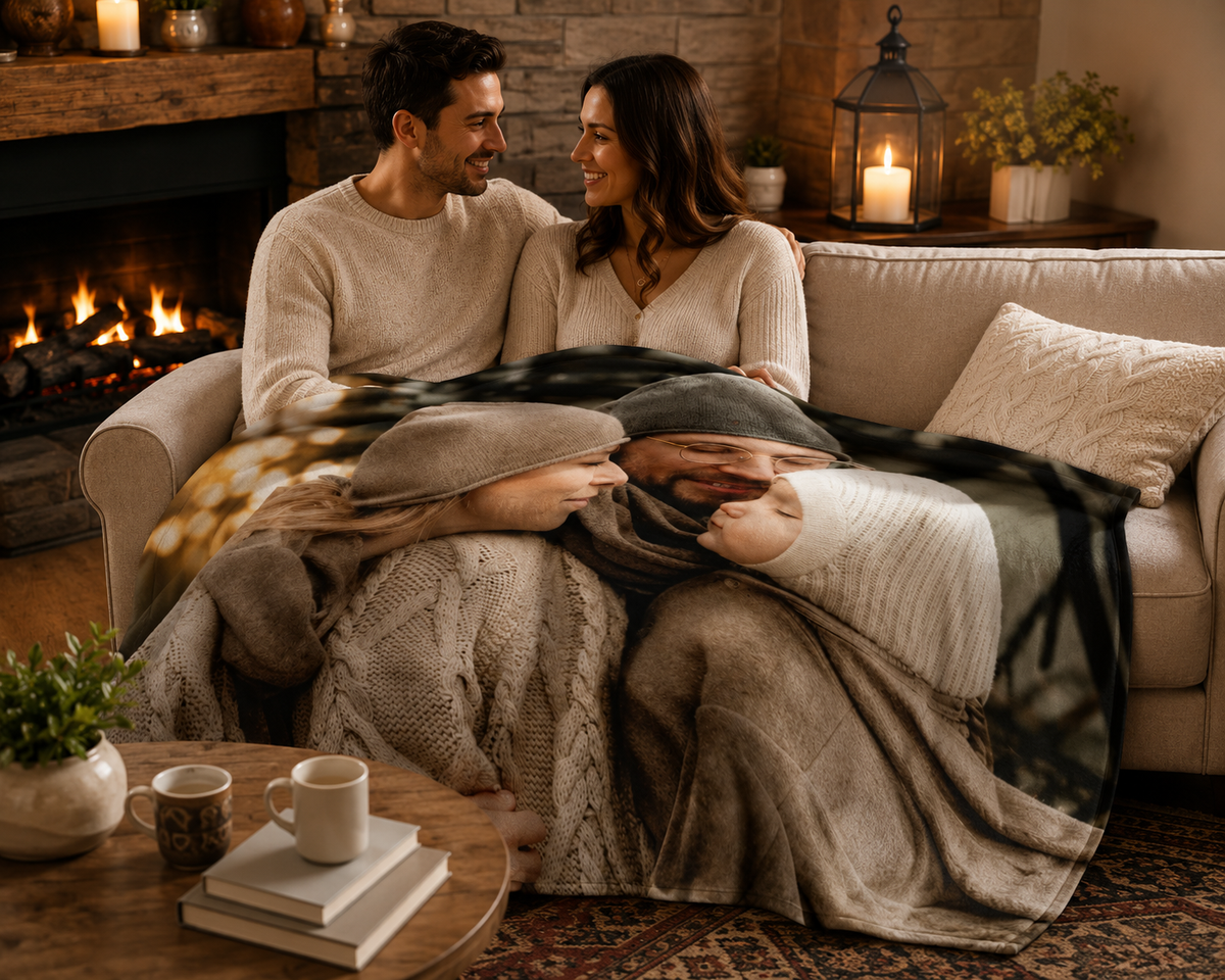 A cozy couple sits on a beige sofa in a warmly lit living room, wrapped together under a soft knit blanket. A fireplace burns in the background, and the blanket features a printed design of a woman in a white sweater hugging a man in a dark sweater.