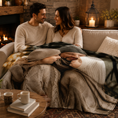 A cozy couple sits on a beige sofa in a warmly lit living room, wrapped together under a soft knit blanket. A fireplace burns in the background, and the blanket features a printed design of a woman in a white sweater hugging a man in a dark sweater.