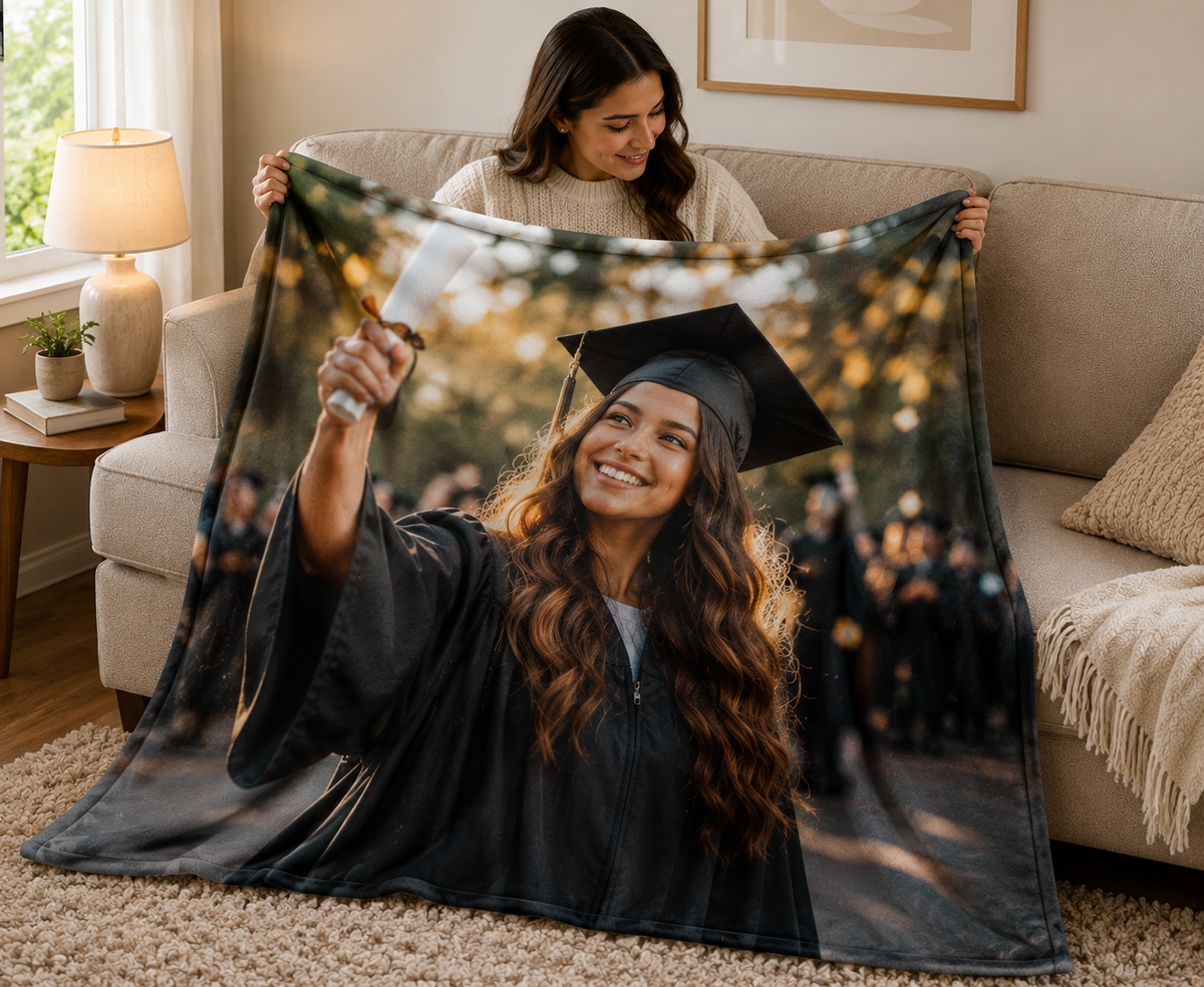 A woman in a beige sweater holds up a large printed blanket or throw in a living room. The blanket features a custom photo of a smiling woman in a black graduation cap and gown taking a selfie, with a blurred graduation scene in the background.