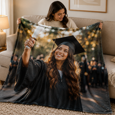A woman in a beige sweater holds up a large printed blanket or throw in a living room. The blanket features a custom photo of a smiling woman in a black graduation cap and gown taking a selfie, with a blurred graduation scene in the background.
