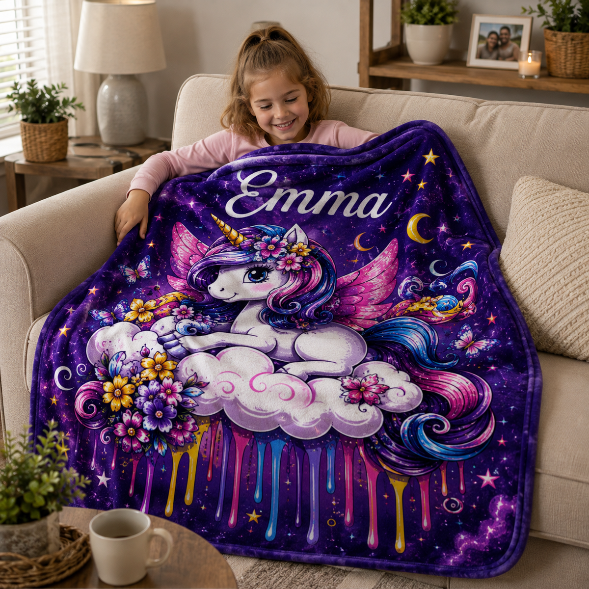 A young girl sits on a beige sofa holding a plush throw blanket featuring a colorful unicorn illustration. The blanket is purple with a starry night sky background, a white unicorn with pink and blue wings, flowers, and the name 'Emma' printed at the top.