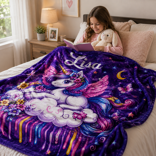 Personalized Unicorn Fleece Blanket – Custom Name Gift for Girls