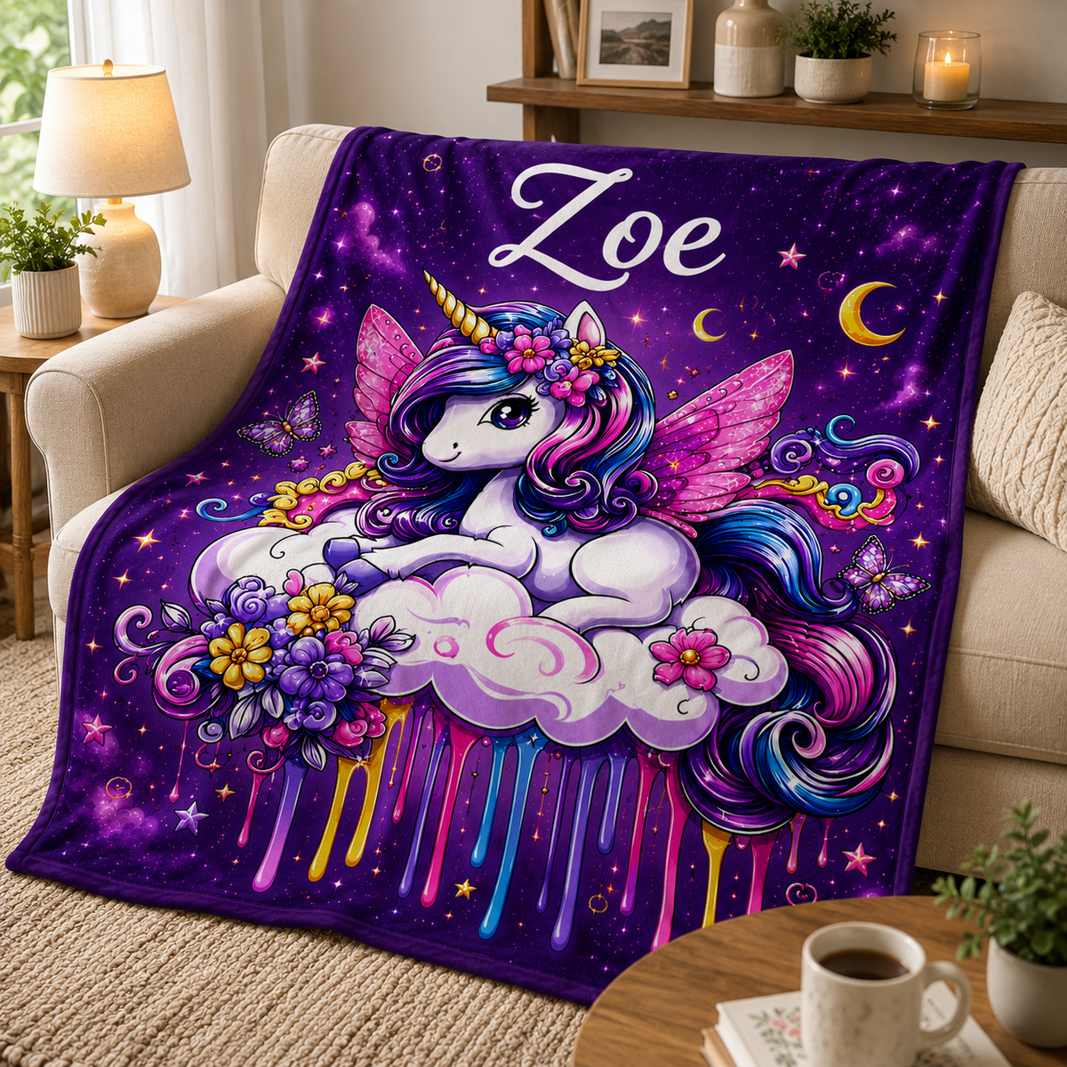 A cozy living room scene with a plush throw blanket draped over a beige sofa. The blanket features a colorful unicorn illustration with pink wings, a gold horn, flowers, stars, and the name 'Zoe' in white script.