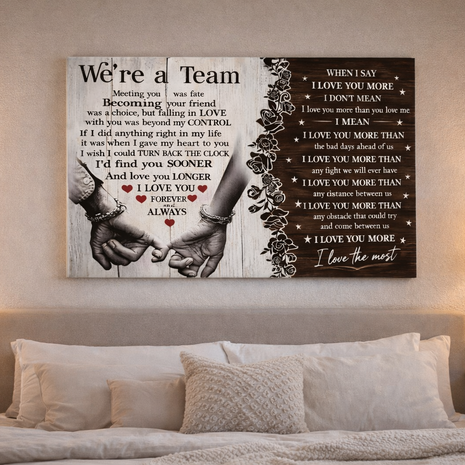 Lienzo artístico romántico "Somos un equipo" – Cita "Te amo más que a nada", regalo para parejas, esposo o esposa, decoración para aniversario y boda