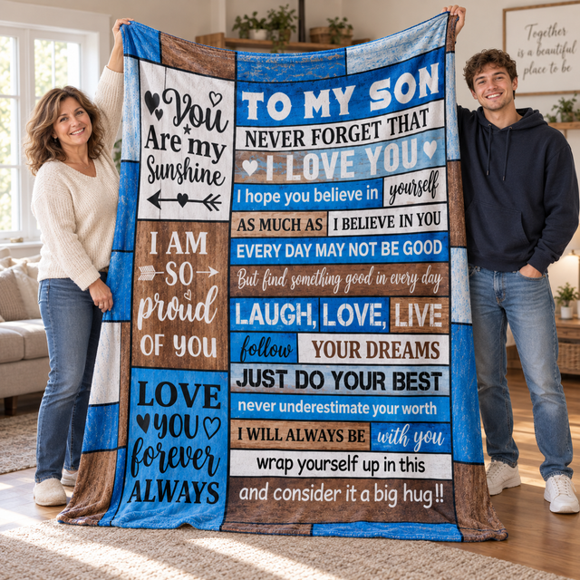 A man and a woman hold up a large fleece blanket in a bright living room. The blanket features a patchwork design of blue, brown, and white panels with sentimental text messages addressed to a son, including 'You Are my Sunshine' and 'NEVER FORGET THAT I LOVE YOU'.
