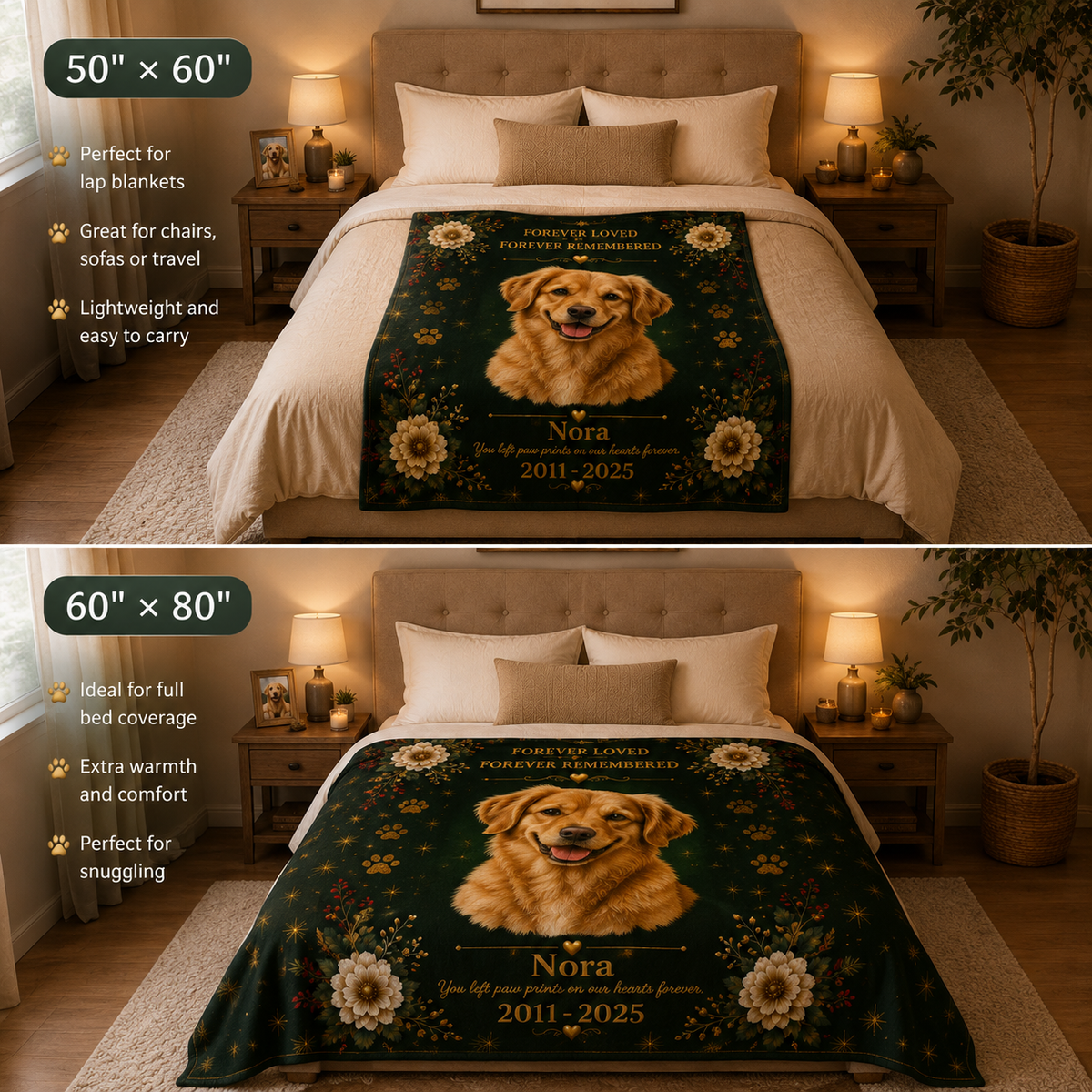 Two bedroom scenes showing the same pet memorial blanket laid on a bed, with size callouts reading 50