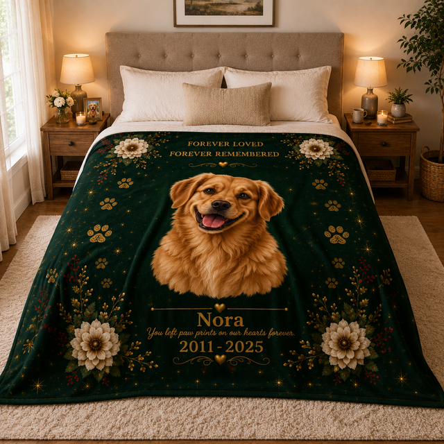 A dark green personalized pet memorial blanket featuring a golden retriever portrait, floral designs, paw prints, and gold text reading 'Forever Loved Forever Remembered' and 'Nora You left paw prints on our hearts forever 2011-2025', shown styled on a bed in a warm, modern bedroom.