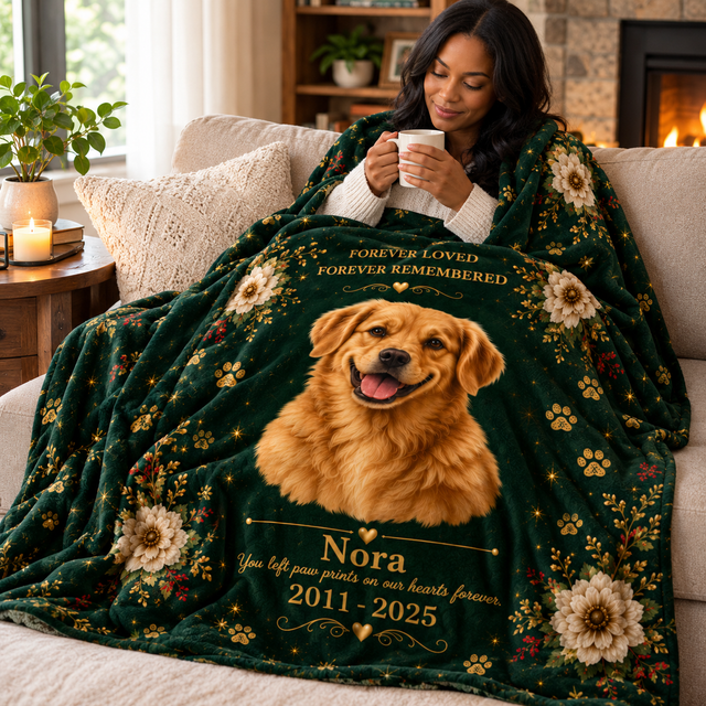 A woman sits on a couch wrapped in a dark green floral pet memorial blanket featuring a large golden retriever portrait and the text 'Forever Loved Forever Remembered Nora 2011-2025'.