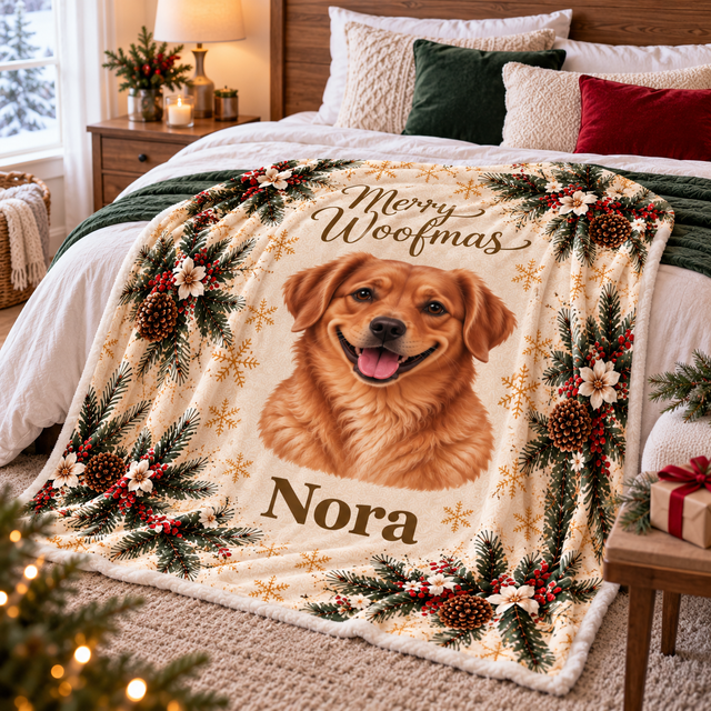 Personalized Merry Woofmas Dog Photo Blanket – Custom Christmas Pet Gift