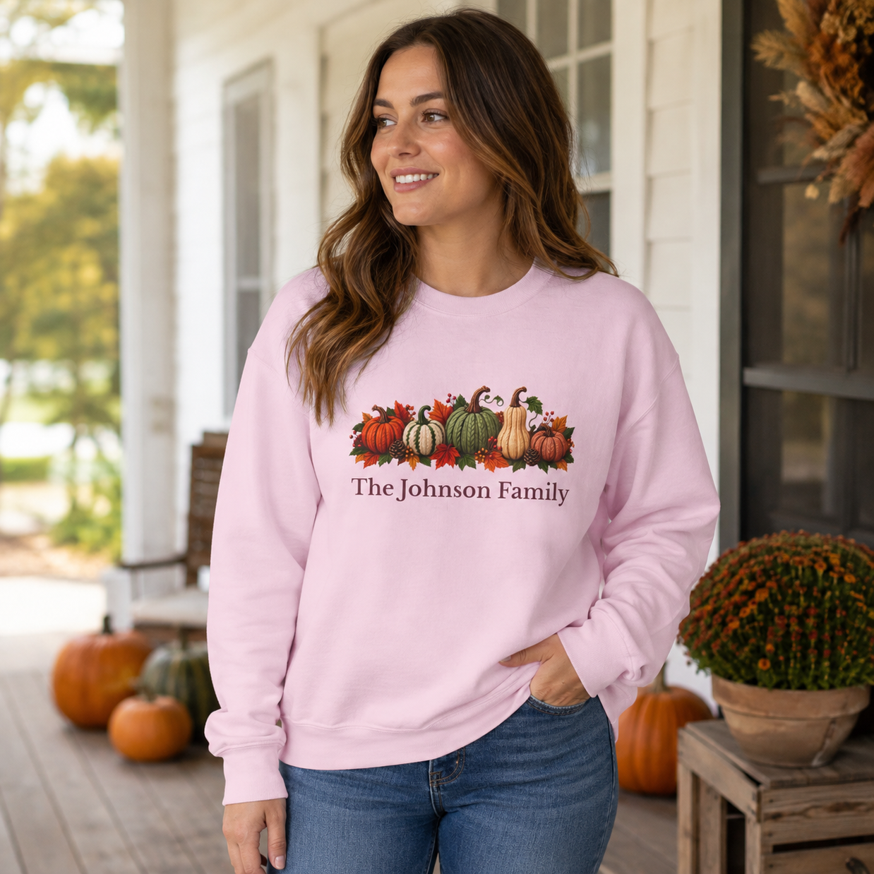 Personalized Pumpkin Family Sweatshirt – Custom Family Name Fall Crewneck, Thanksgiving Gift