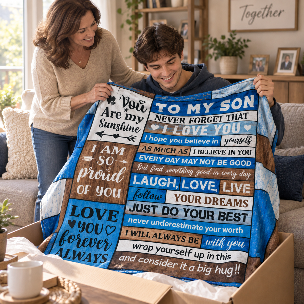 A man and woman are gathered around a large printed blanket or throw in a cozy living room. The man holds up one corner while the woman supports him from behind.