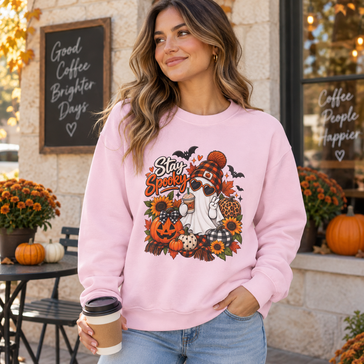 Stay Spooky Halloween Sweatshirt – Ghost & Pumpkin Crewneck