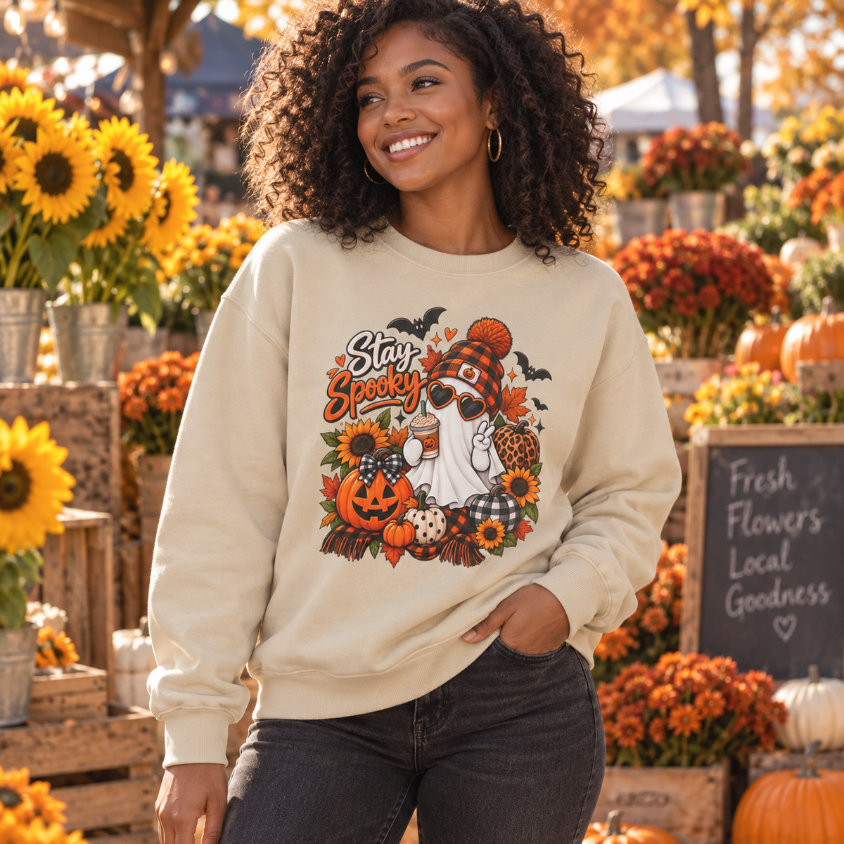 A woman wearing a cream-colored crewneck sweatshirt with a 'Stay Spooky' Halloween graphic, posing in an outdoor autumn flower market with sunflowers and pumpkins.