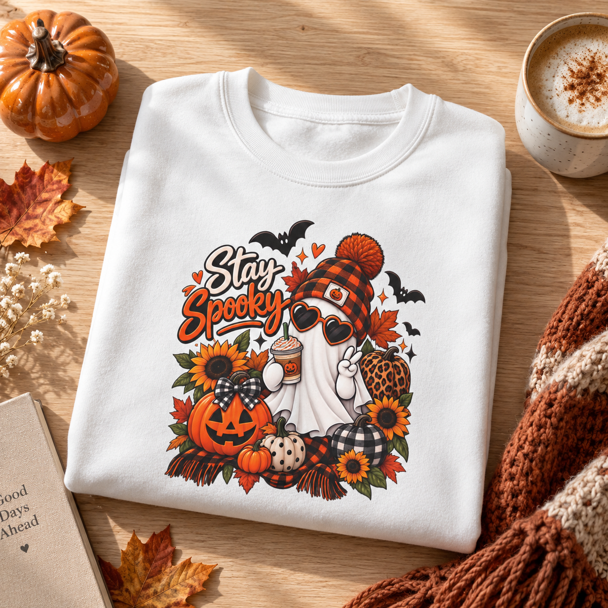 A folded white sweatshirt with a colorful 'Stay Spooky' graphic print, styled on a wooden table with autumn props including a pumpkin, leaves, a book, and a cup of coffee.