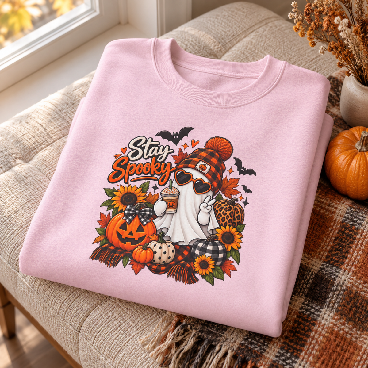A folded light pink sweatshirt with a colorful 'Stay Spooky' Halloween graphic, styled on a beige upholstered bench with autumn props like a pumpkin and plaid blanket.