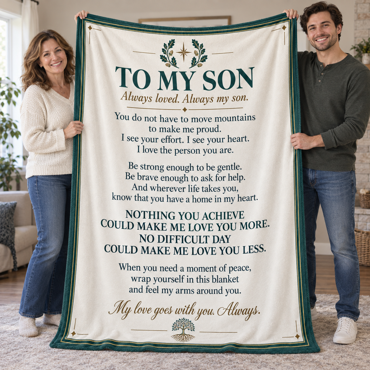 A man and a woman hold up a large cream-colored blanket with a dark green border and a printed poem titled 'TO MY SON' in dark green and brown text. The photo is taken in a living room setting.