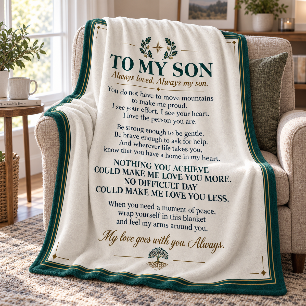 A cream-colored fleece blanket with a dark green and gold printed sentimental poem for a son, draped over a beige armchair in a cozy living room setting.