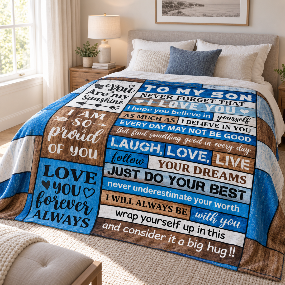 A custom patchwork-style fleece blanket with sentimental quotes for a son, styled on a bed in a bright, modern bedroom.