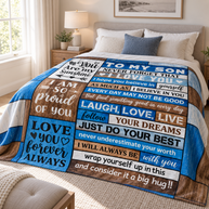 A custom patchwork-style fleece blanket with sentimental quotes for a son, styled on a bed in a bright, modern bedroom.