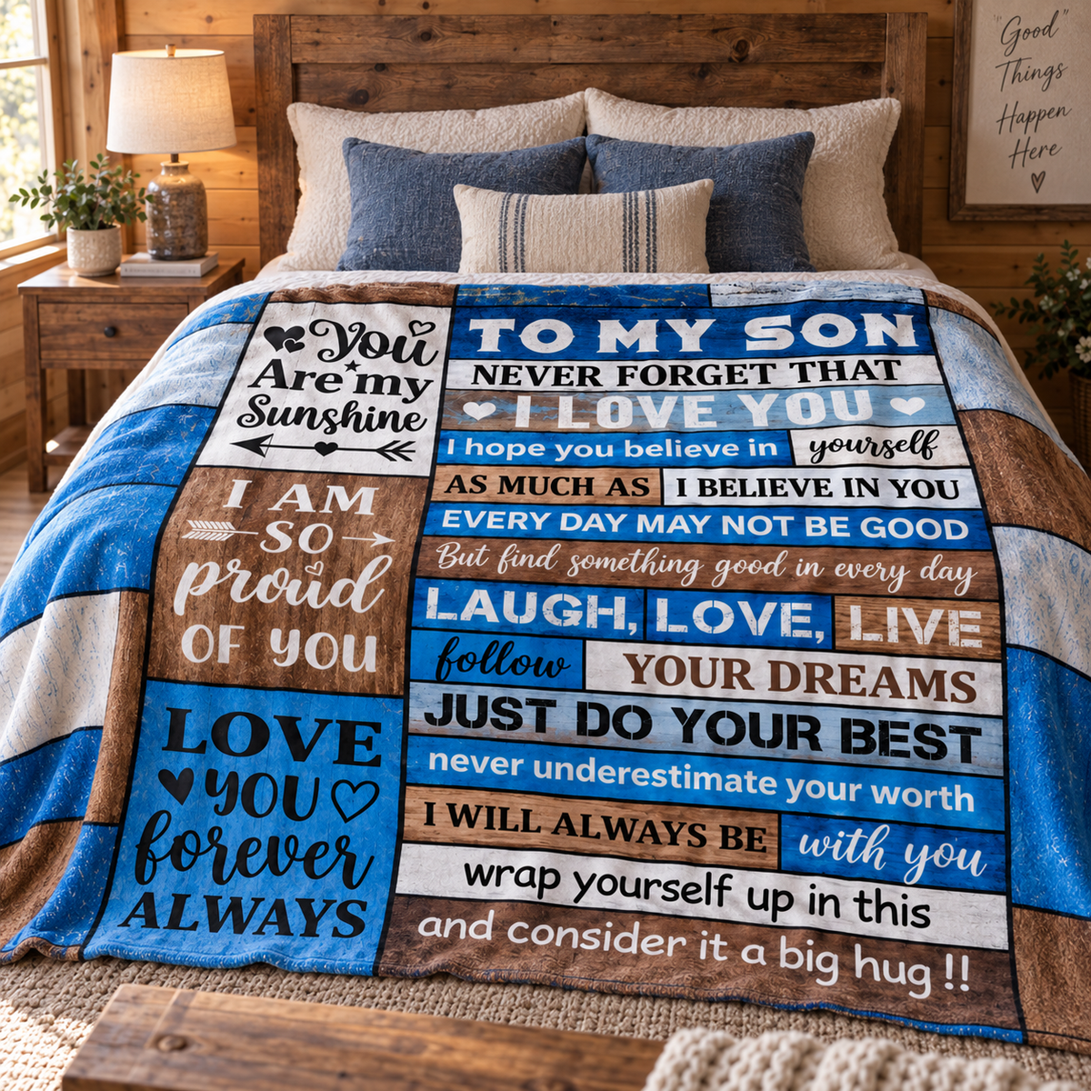 A custom fleece blanket with a patchwork design of blue, brown, and white text blocks reading 'To My Son' and various love and motivational phrases, displayed on a bed in a rustic bedroom setting.