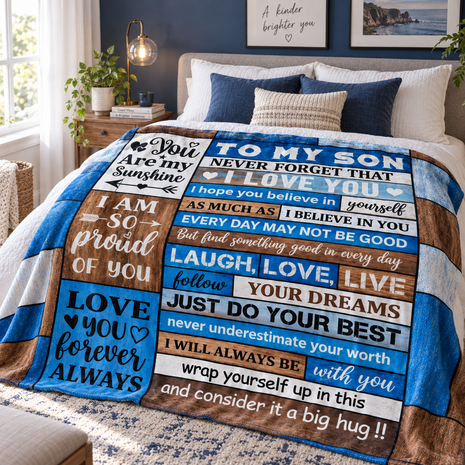 A personalized quilted blanket with sentimental text messages for a son, styled on a bed in a modern bedroom setting.