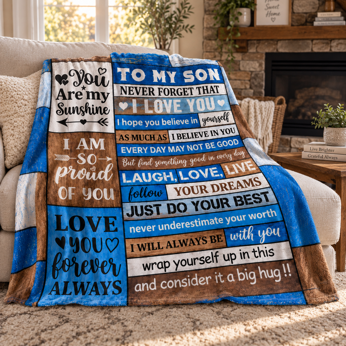 A patchwork-style fleece blanket with sentimental text messages for a son, draped over a beige sofa in a cozy living room setting.