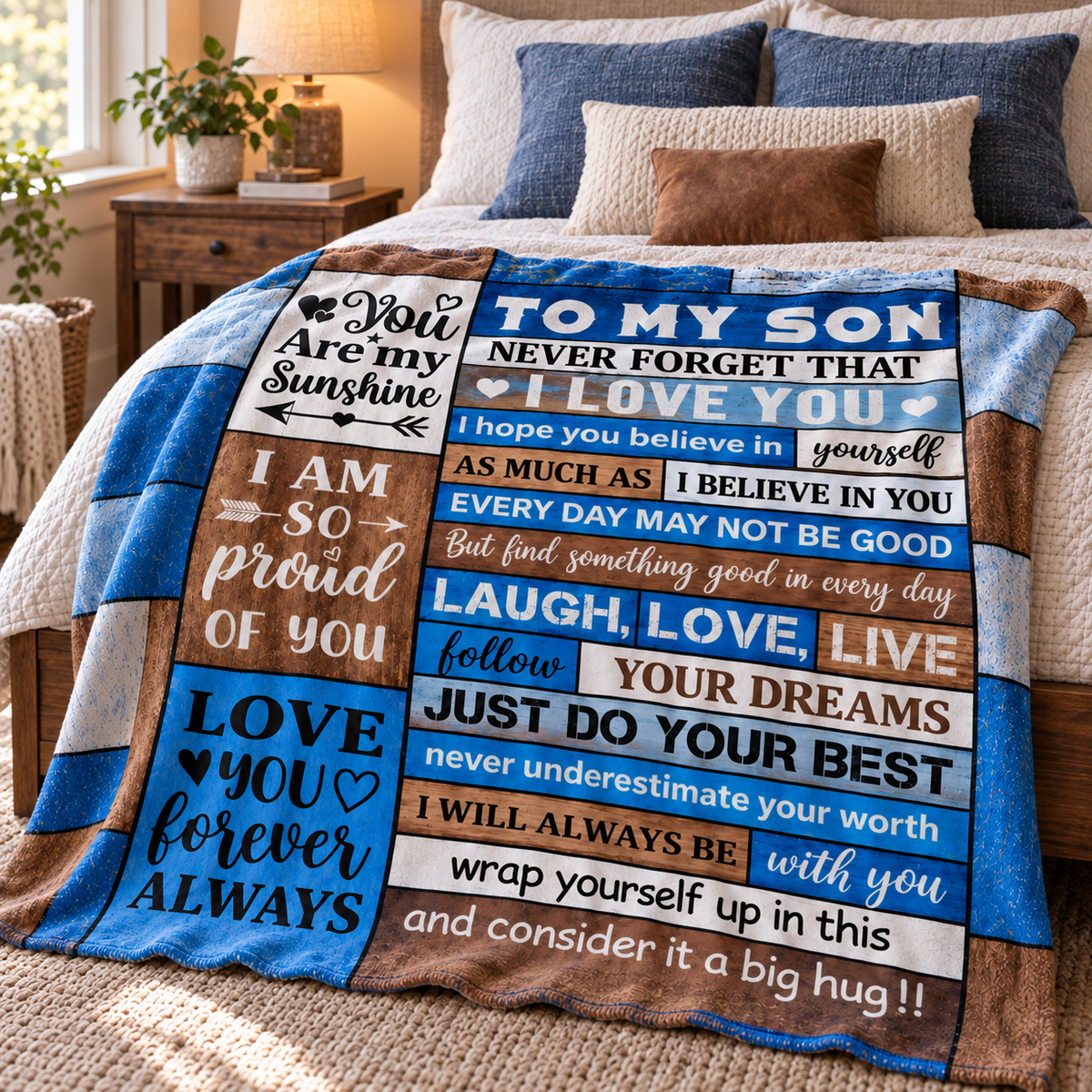 A quilted blanket draped over a bed in a warm, sunlit bedroom. The blanket features a patchwork design with blue, brown, cream, and white panels containing sentimental text messages addressed to a son, such as 'You Are my Sunshine' and 'I AM SO proud OF YOU'.