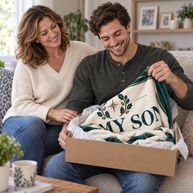 A man and a woman are sitting on a couch in a cozy living room, opening a cardboard gift box containing a cream throw blanket with green and gold holiday-themed embroidery that reads 'MY SON'.
