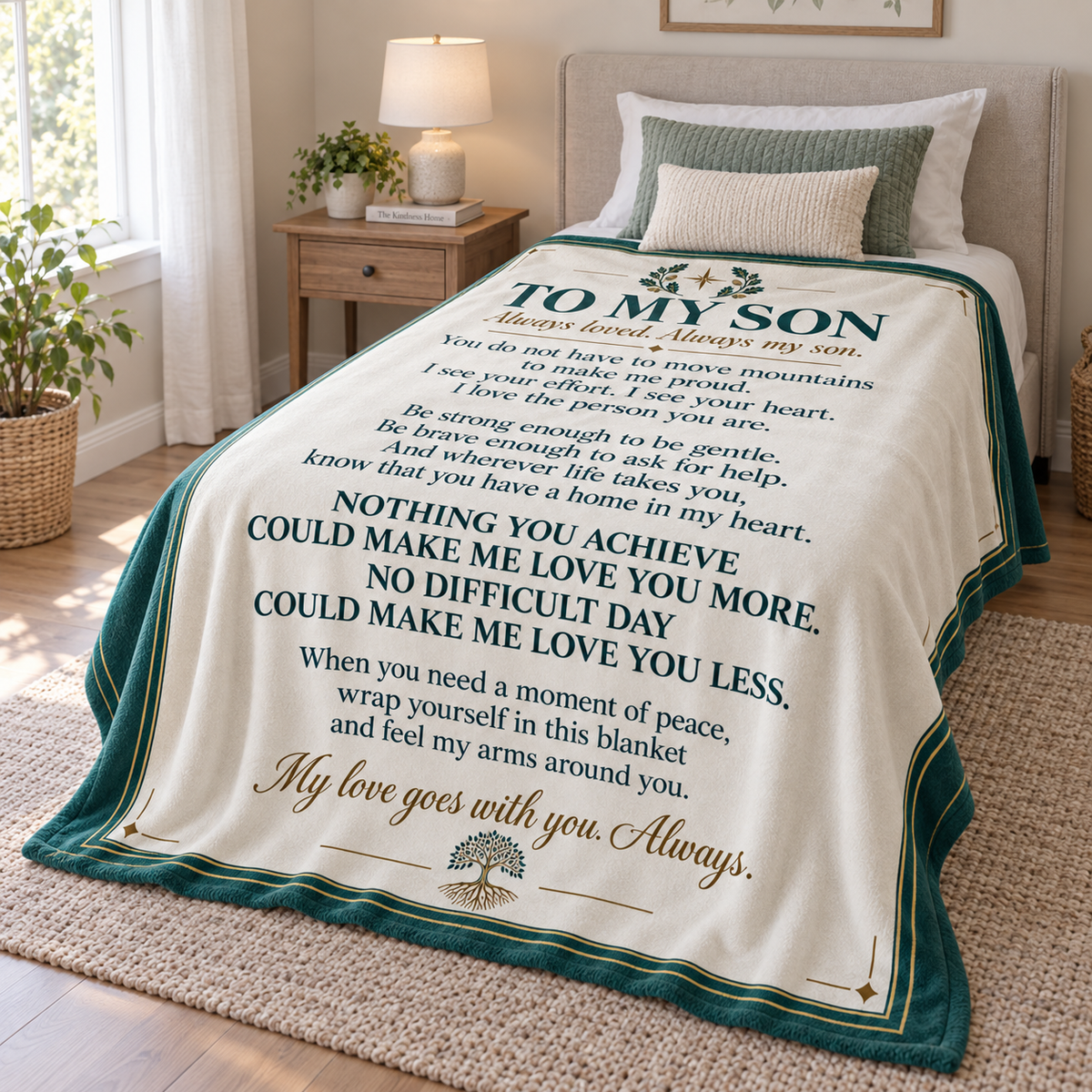 A cream-colored blanket with a dark teal border and printed sentimental text for a son, styled on a bed in a bright, modern bedroom setting.