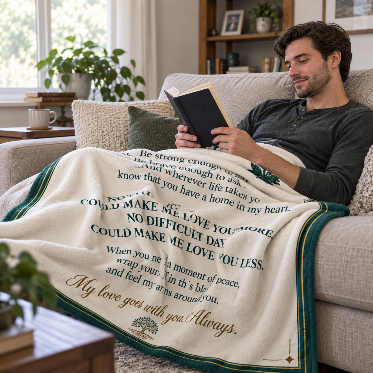 A man sits on a beige sofa in a cozy living room, reading a book while wrapped in a cream-colored blanket printed with a poem and the phrase 'My love goes with you Always.' The blanket has green and teal border accents.