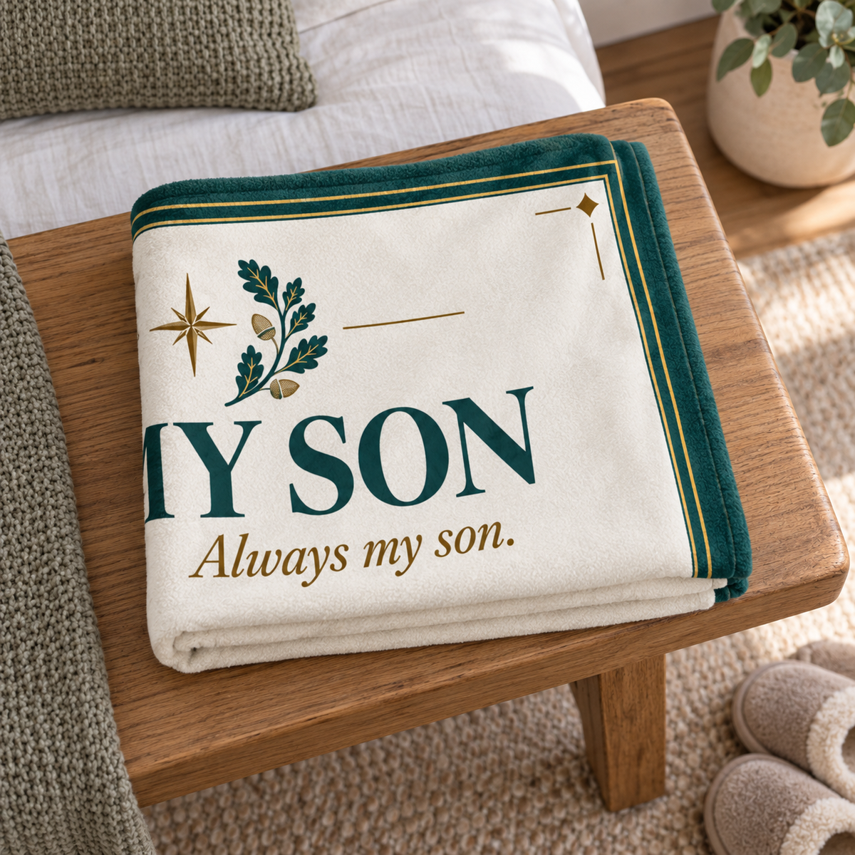 A folded cream throw blanket with a dark green border and embroidered text reading 'MY SON Always my son.' sits on a wooden stool in a cozy living room setting.