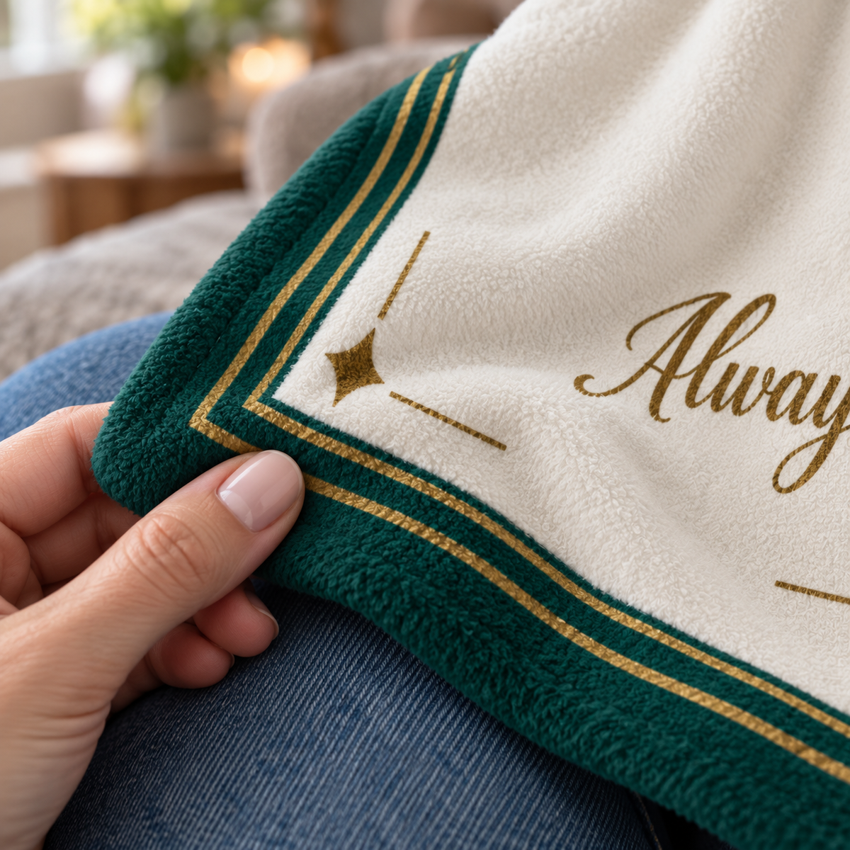 A close-up of a soft cream throw blanket with a dark green border and gold embroidered script, held by a hand over blue jeans in a cozy indoor setting.