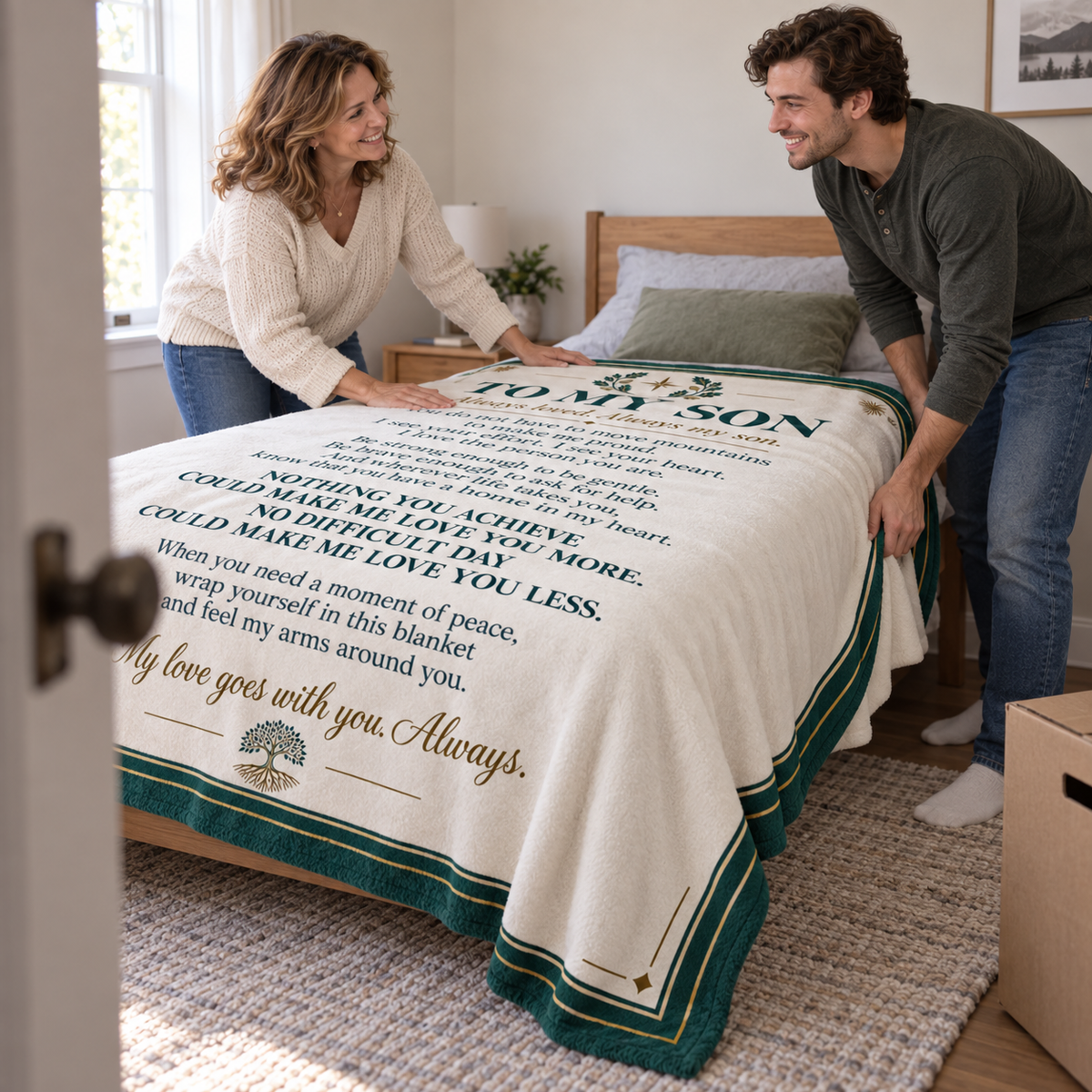 A man and a woman are gathered around a bed in a bedroom, holding up a cream-colored  blanket printed with a poem titled 'TO MY SON' in dark green and gold. The blanket features a dark green border with gold accents.