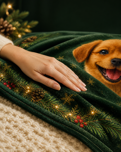 Merry Woofmas Personalized Dog Blanket – Custom Pet Portrait & Name Christmas Gift, Cozy Velveteen Holiday Throw
