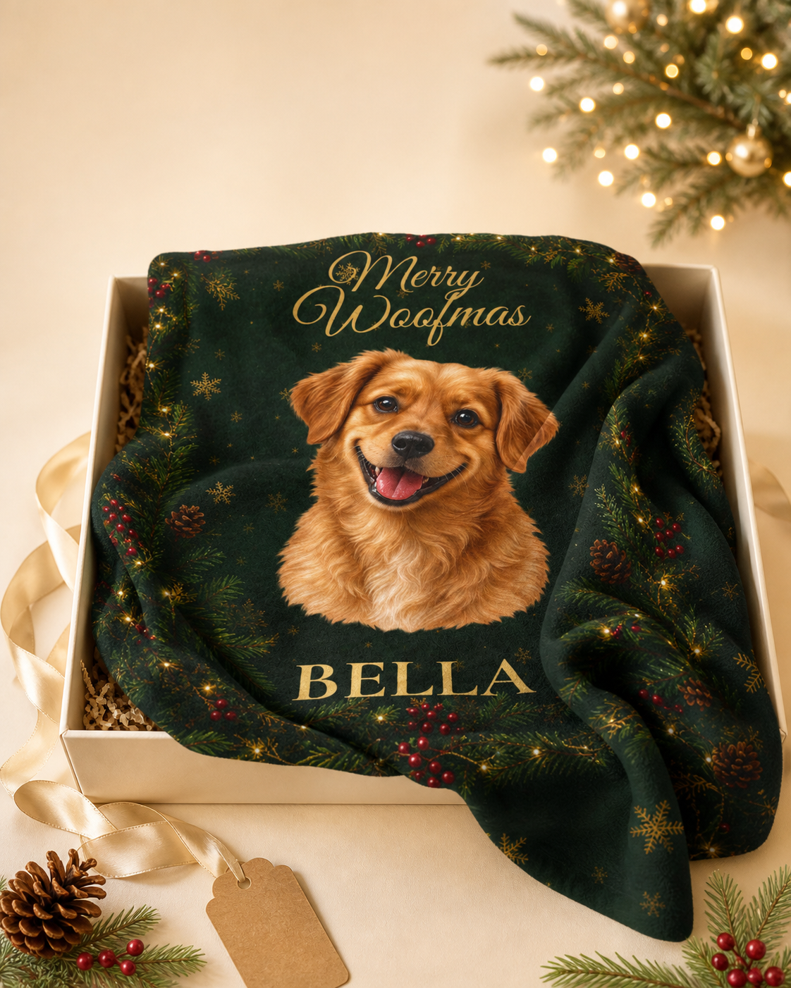 Merry Woofmas Personalized Dog Blanket – Custom Pet Portrait & Name Christmas Gift, Cozy Velveteen Holiday Throw