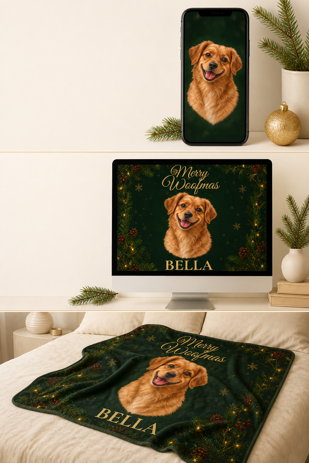 Merry Woofmas Personalized Dog Blanket – Custom Pet Portrait & Name Christmas Gift, Cozy Velveteen Holiday Throw