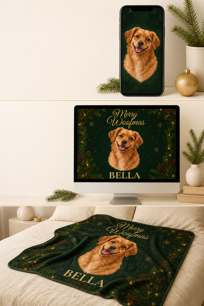Merry Woofmas Personalized Dog Blanket – Custom Pet Portrait & Name Christmas Gift, Cozy Velveteen Holiday Throw